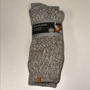 Brookstone Ivory Brown Cable Sweater Knit Soft Heather Sherpa Lounge Socks